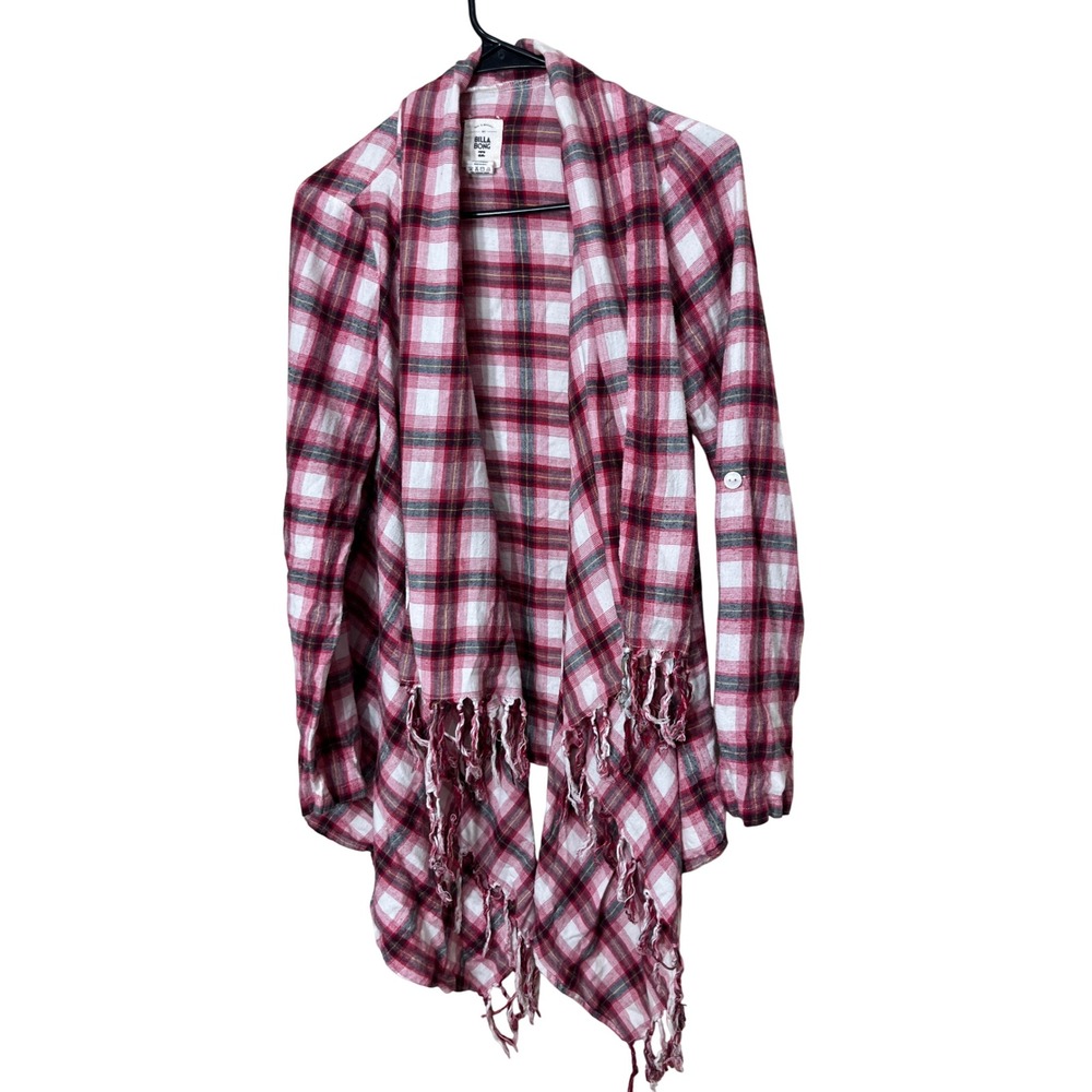 Billabong Women's Plaid‎ Open Front Cardigan Fringed Hem Long Sleeve Size M